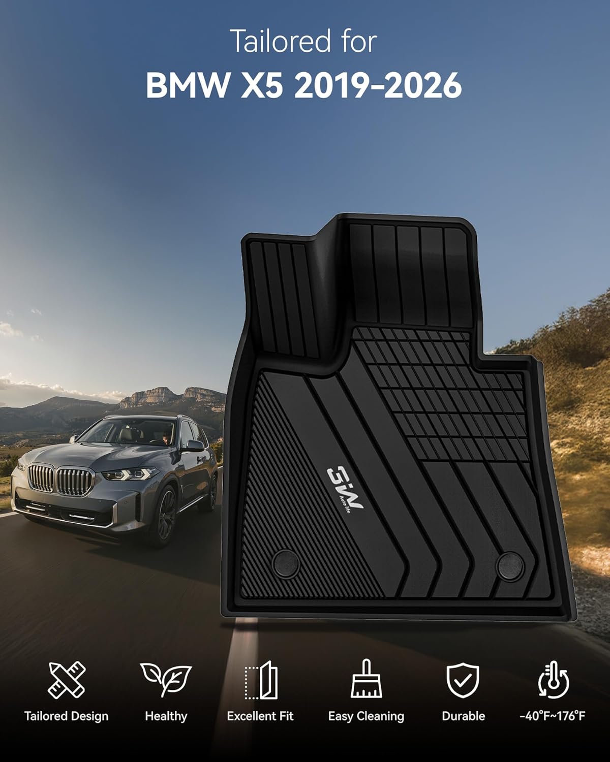 3W Custom Fit Floor Mats & Cargo Liner for BMW X5 2019-2026 (40i/45e/50e/50i/M/M50i/M60i) - TPE All-Weather Heavy Duty Protection Set (5 Passenger Only)