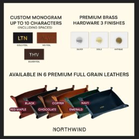Northwind Personalized Leather Valet Tray – Handcrafted in USA, Custom Monogram Full Grain Leather Catchall Tray for Desk, Nightstand & Dresser, Groomsmen Gift