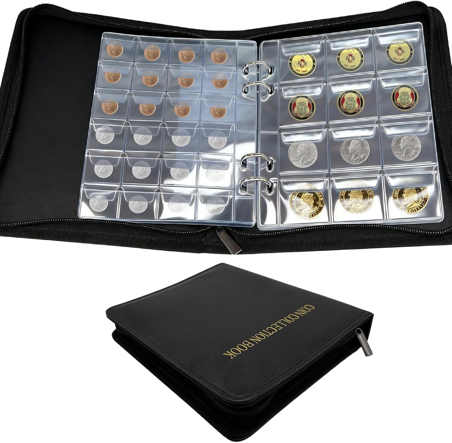 Premium 360 Pockets Coin Collection Book - Fireproof Album Holder with Anti-Static Sleeves for Numismatic Collectors (17-30mm Coins) - Black