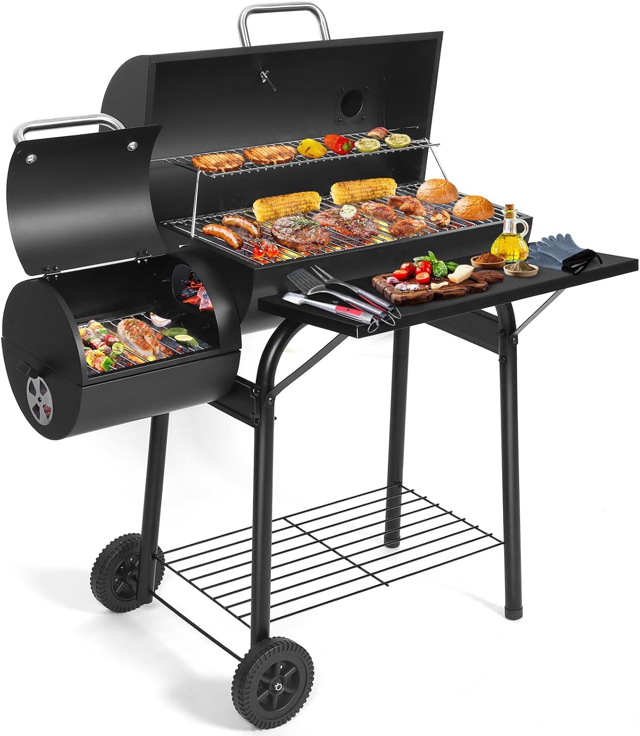 Premium Charcoal Grill Offset Smoker Combo - 512 Sq.In. Barrel BBQ with Dual Chambers for Perfect Grilling and Smoking