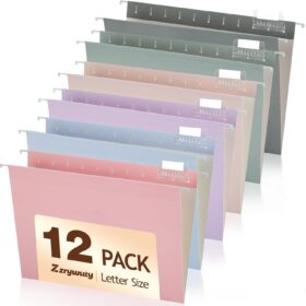 Zzrywuty 12-Pack Hanging File Folders - Letter Size with 1/5-Cut Tabs, Pastel Color-Coded Office Filing Organizers for Cabinets