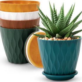 6 Inch Plant Pots with Saucers - 5 Pack Thick Plastic Flower Planters for Indoor & Outdoor, Modern Matte Multi-Color Set with Drainage Holes