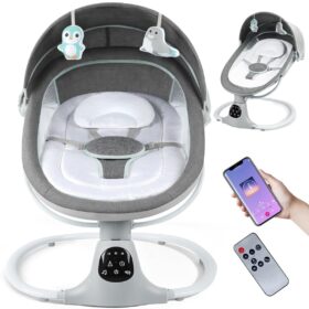 Portable Electric Baby Swing with Bluetooth & Remote Control - 5 Speeds, Timer, and Music Player for Newborns & Infants (Grey)