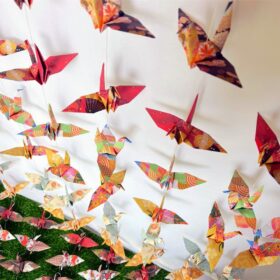 Japanese Washi Paper Crane Hanging Garland - 5.3ft 4-Strings Handmade Origami Birds for Wedding Baby Shower Birthday Party Decorations
