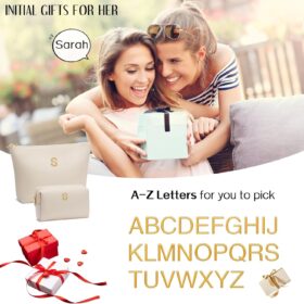 Personalized Initial Makeup Bag - Premium Waterproof PU Leather Cosmetic Travel Toiletry Bag with Custom Metal Monogram - Perfect Bridesmaid Birthday Gift (Beige)