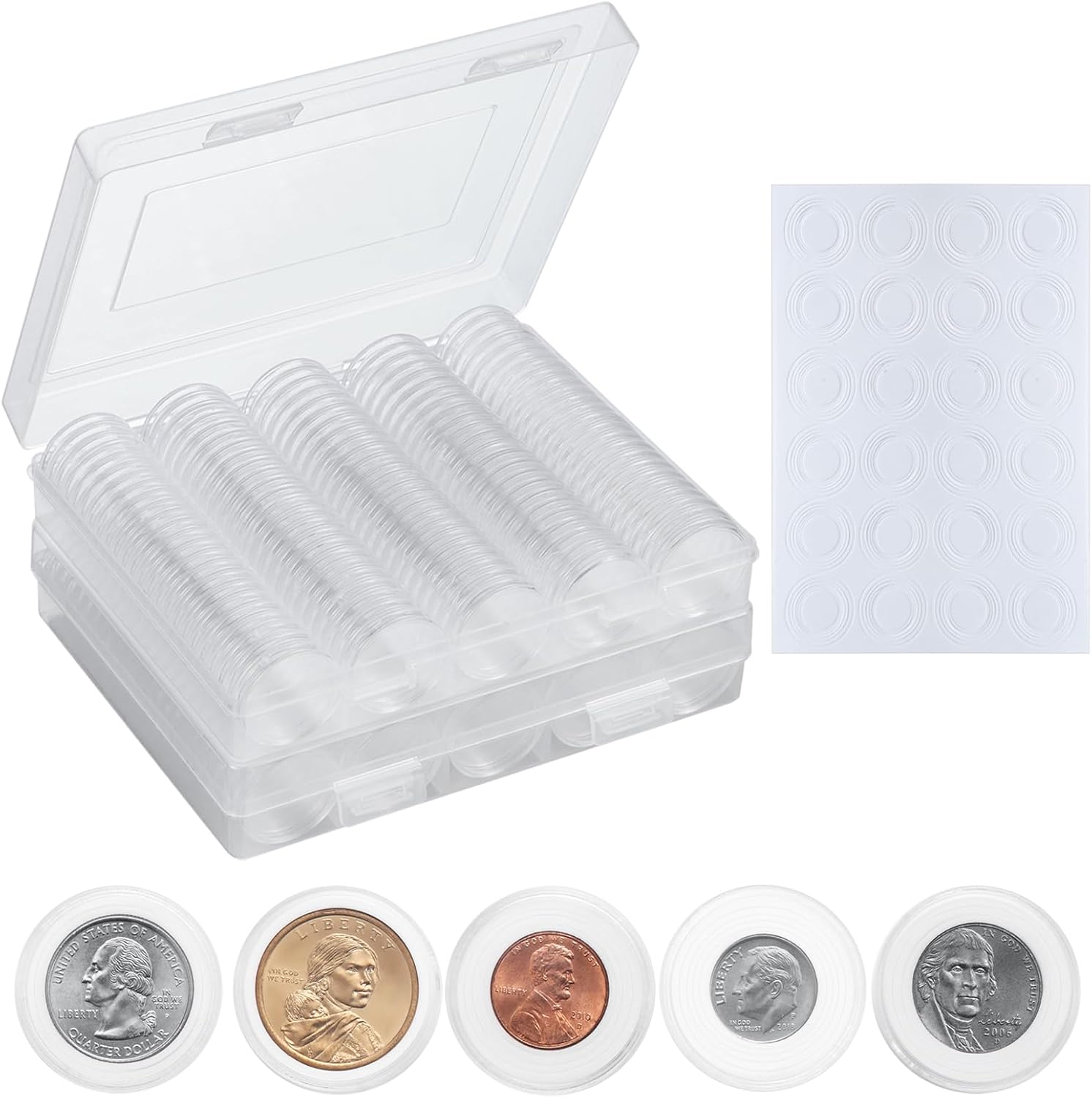 240-Piece Coin Capsule Holder Set - 5 Sizes Plastic Coin Cases with Gaskets for Dime, Cent, Nickel, Quarter & Dollar - Collectors Storage Box