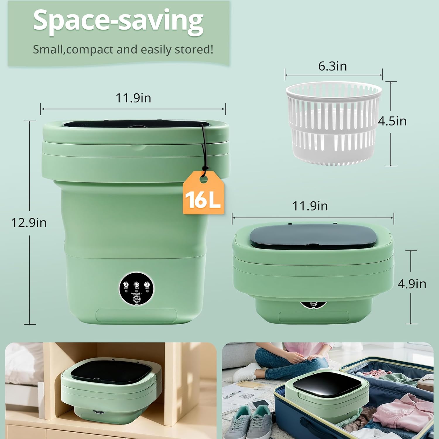 Welsteepse 16L Foldable Portable Mini Washing Machine - Compact Semi-Automatic Washer for Apartments, Dorms, RV & Travel, 3 Timer Modes with Blue Light Cleaning