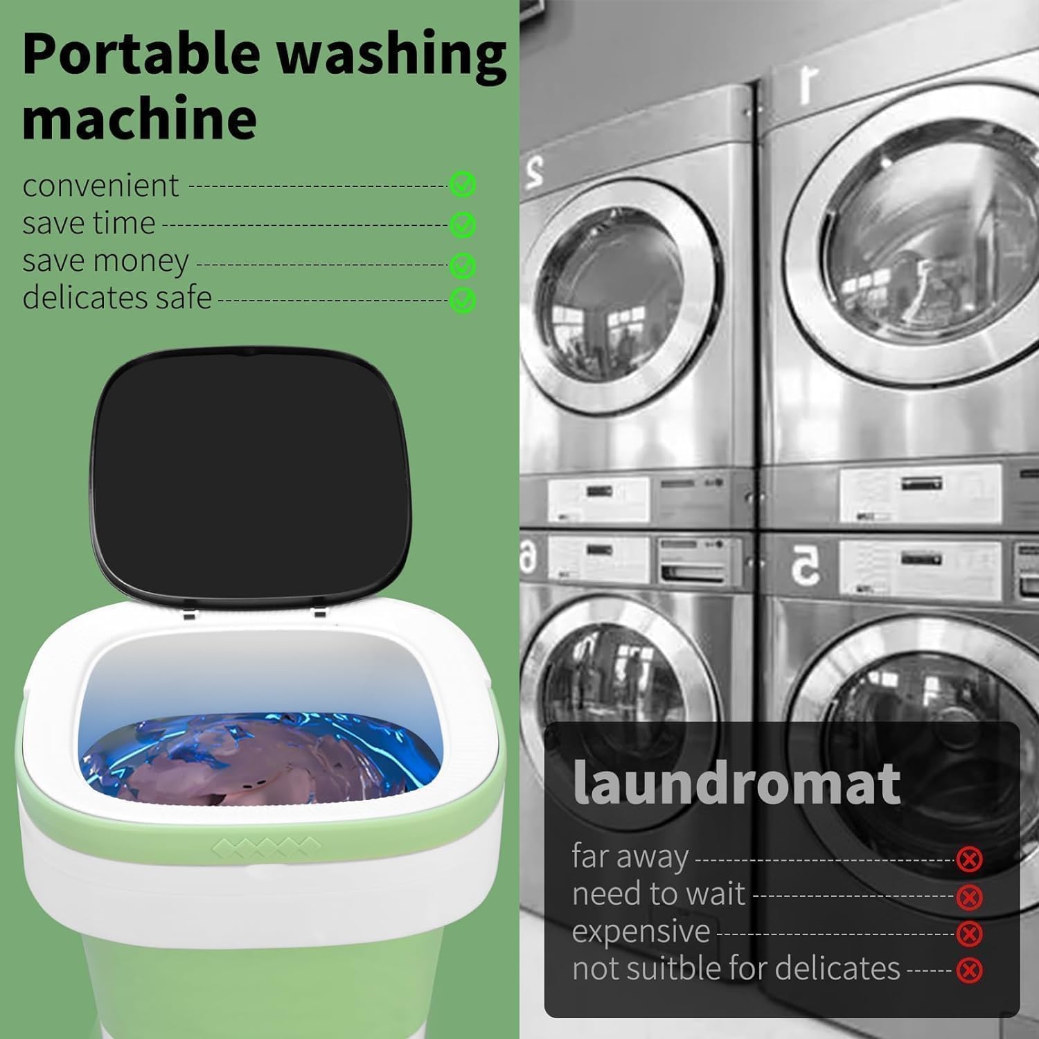 16L Foldable Portable Washing Machine - 3-Mode Compact Laundry Washer for Apartments, Hotels, Travel, Dorm - Lightweight Collapsible Design (Green)