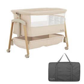 Evolur Lullaby Adjustable Bedside Bassinet with Wheels – Portable Baby Sleeper with Breathable Mesh, Travel Bag & Storage Basket, Beige