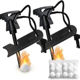 2PCS Magnesium Fire Starter Kit - Ferro Rod Survival Tool with 20 Waterproof Tinder Balls & Multi-Function Striker for Camping, Hiking & Emergency