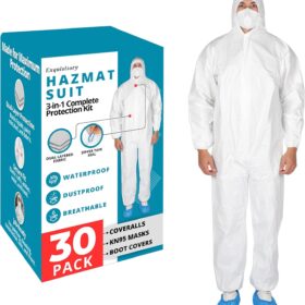 Heavy-Duty Disposable Hazmat Suit 30-Pack | 65GSM Waterproof Coveralls with KN95 Masks & Booties - Breathable Protective Jumpsuits for Work, Lab, Painting, Cleaning