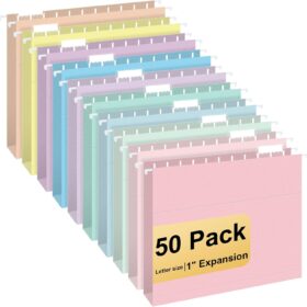 Premium Hanging File Folders - 50 Pack Letter Size with 1/5-Cut Tabs & Labels, 10-Color Coding System for Home & Office Organization