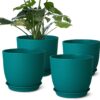 8 Inch Plant Pots Set of 4 - Modern Blue Indoor Outdoor Planters with Multi-Mesh Drainage & Saucers - Lightweight, Weather Resistant Flower Pots for Snake Plants, Succulents, Herbs, & Flowers