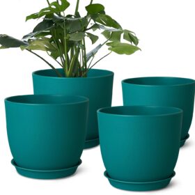 8 Inch Plant Pots Set of 4 - Modern Blue Indoor Outdoor Planters with Multi-Mesh Drainage & Saucers - Lightweight, Weather Resistant Flower Pots for Snake Plants, Succulents, Herbs, & Flowers