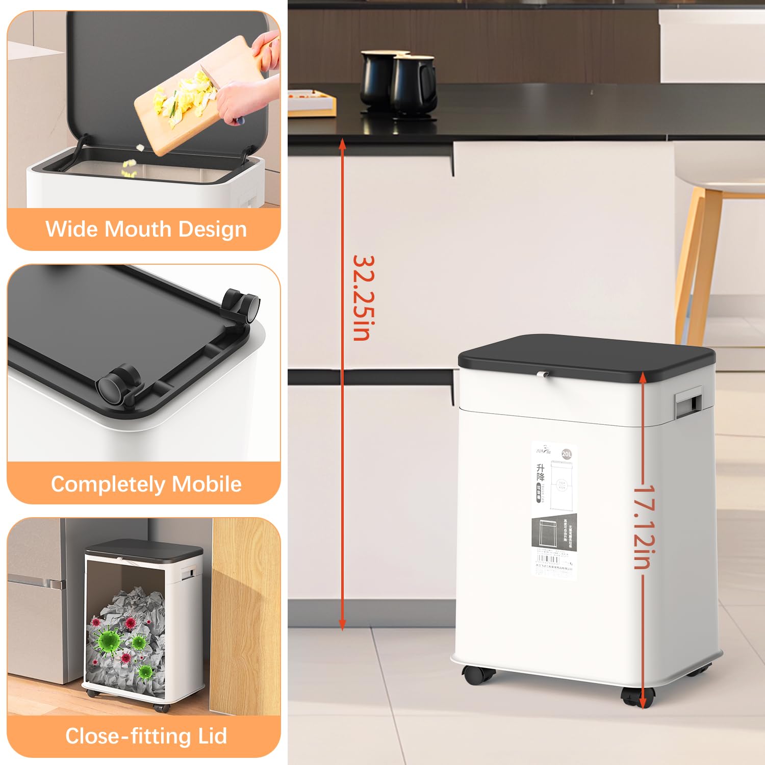 Slim Rolling Kitchen Trash Can with Lid - 20L/5.3Gal Adjustable Height Mobile Garbage Bin with Wheels for Bathroom, Bedroom, Living Room & Office - White