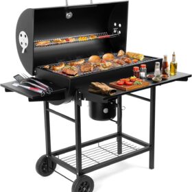 Premium 36-Inch Barrel Charcoal Grill & Smoker Combo with Side Table - 589 sq in Cooking Space, Temperature Control, Easy Mobility for Backyard, Patio, Camping
