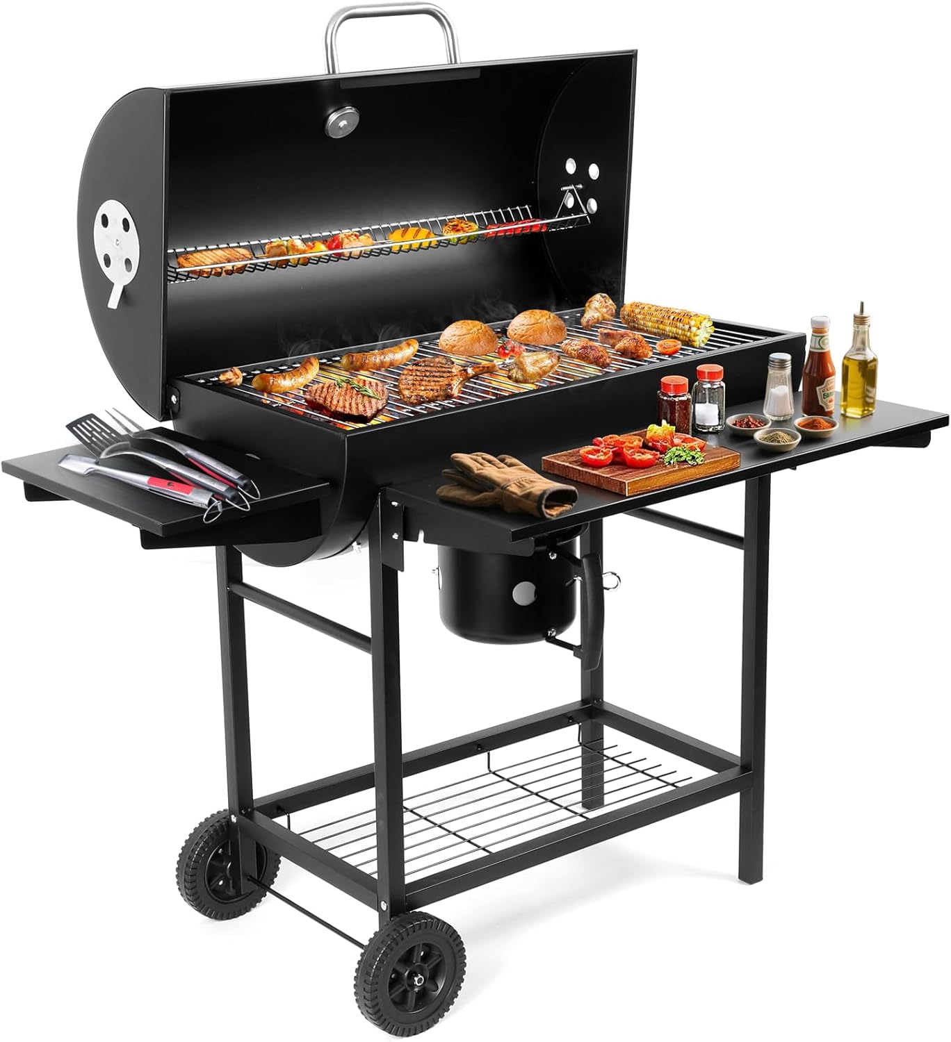 Premium 36-Inch Barrel Charcoal Grill & Smoker Combo with Side Table - 589 sq in Cooking Space, Temperature Control, Easy Mobility for Backyard, Patio, Camping