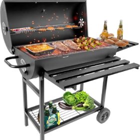 Premium Barrel Charcoal Grill with Thermometer & Foldable Side Table - 565 sq in Large Cooking Space for Backyard BBQ, Picnic & Outdoor Cookouts