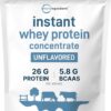 Premium Instant Whey Protein Concentrate Powder - 2lb Unflavored | 26g Protein & 5.8g BCAAs Per Serving | Fast-Absorbing, Smooth-Mixing Formula for Shakes, Smoothies, Baking & Coffee | Non-GMO, Soy-Free