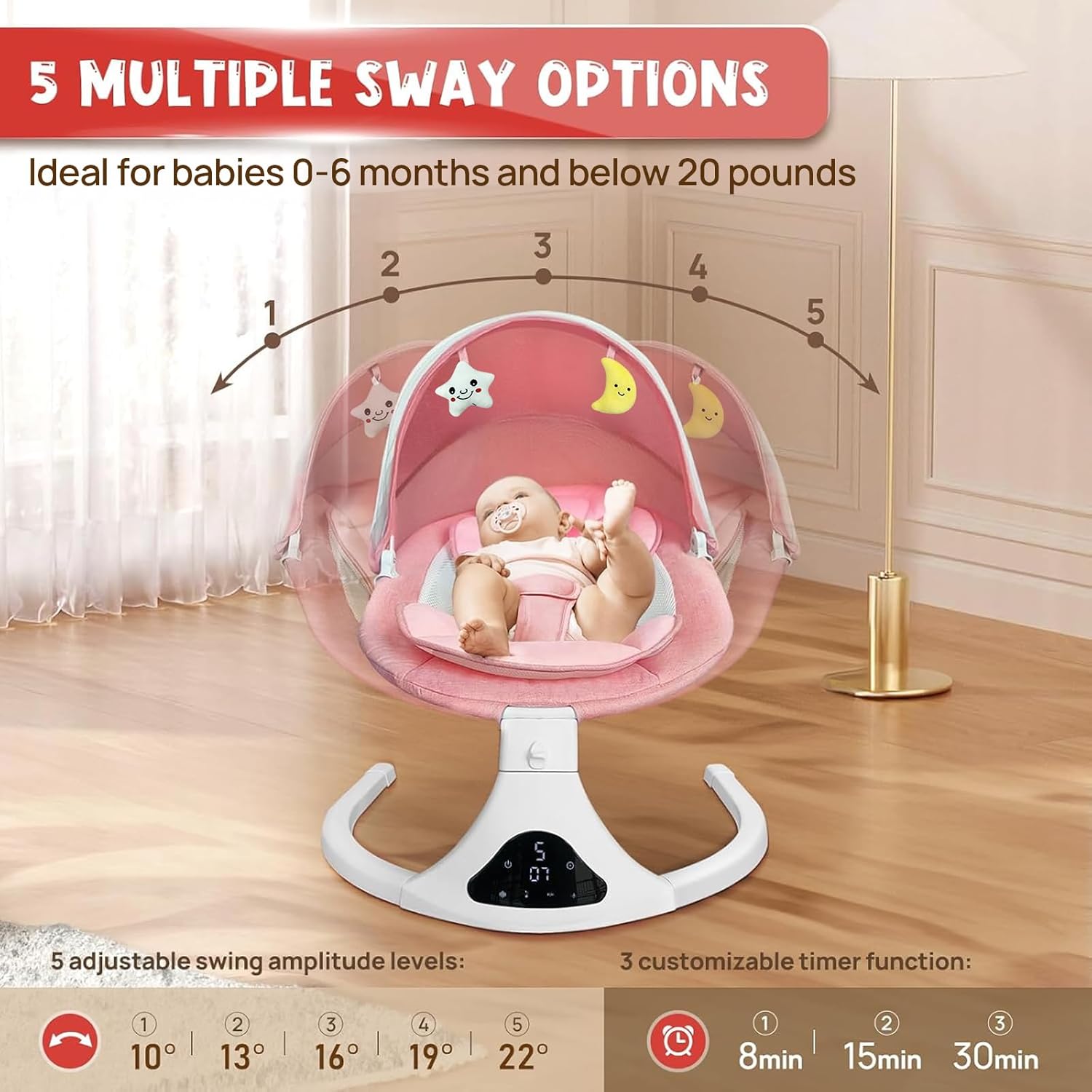 RIVIPLOU Portable Electric Baby Swing with Remote & Bluetooth - 5 Swing Speeds, Timer & Soothing Music for Infants (Pink)