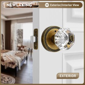 Antique Brass Privacy Door Knobs - Crystal Glass Interior Lock Set for Bedroom/Bathroom, Retro Octagon Style, 1-Pack