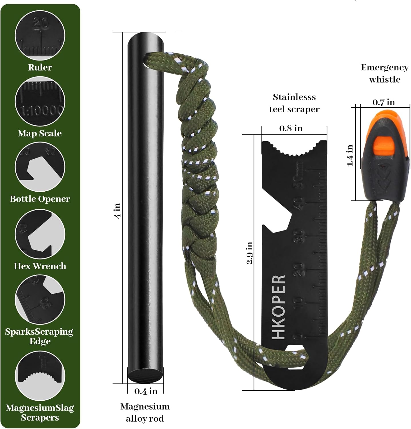 Premium Ferro Rod Fire Starter Kit - 4-Inch Flint Steel Survival Tool with Multi-Tool Scraper, Paracord & Whistle for Camping, Hiking & Emergency Preparedness
