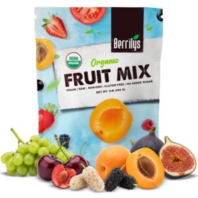 Berrilys Organic Dried Fruit Mix – 1 lb Bulk Bag of Figs, Apricots, Mulberries & Cherries. No Sugar Added, Non-GMO, Kosher Snack for Baking, Oatmeal & Trail Mix