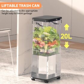 Slim Rolling Kitchen Trash Can with Lid - 20L/5.3Gal Adjustable Height Mobile Garbage Bin with Wheels for Bathroom, Bedroom, Living Room & Office - White