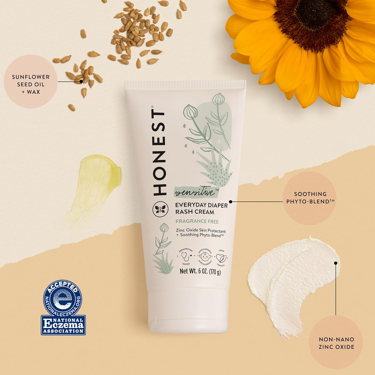 The Honest Company Hypoallergenic Diaper Rash Cream with Zinc Oxide - Soothing Moisturizing Ointment for Baby, NEA Recognized, Cruelty-Free, 6 oz Value Size