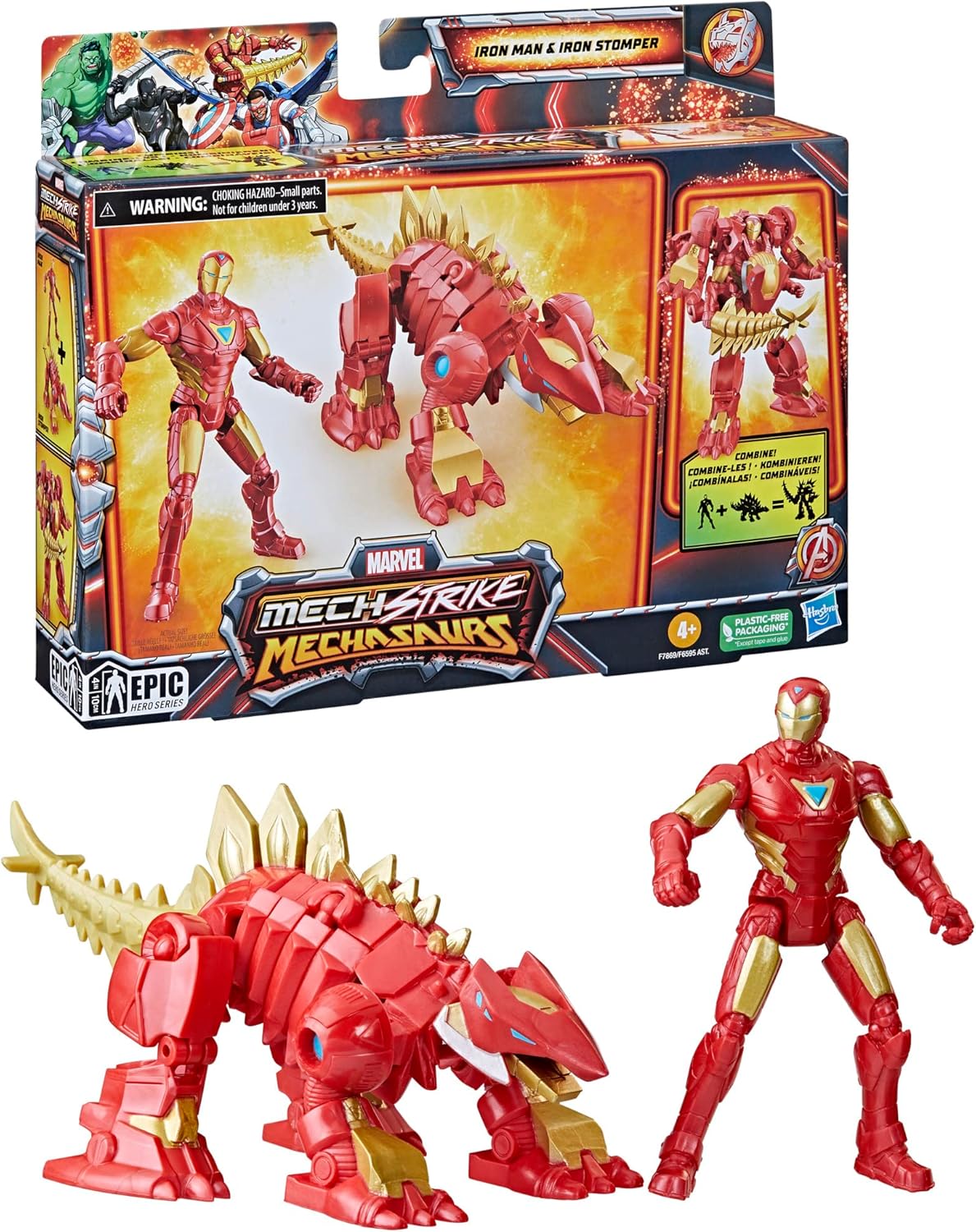Marvel Mech Strike Iron Stomper Mechasaur - 4-Inch Iron Man Action Figure with Transformable Dinosaur Mech Suit, Blaster & Projectile Toy for Kids Ages 4+