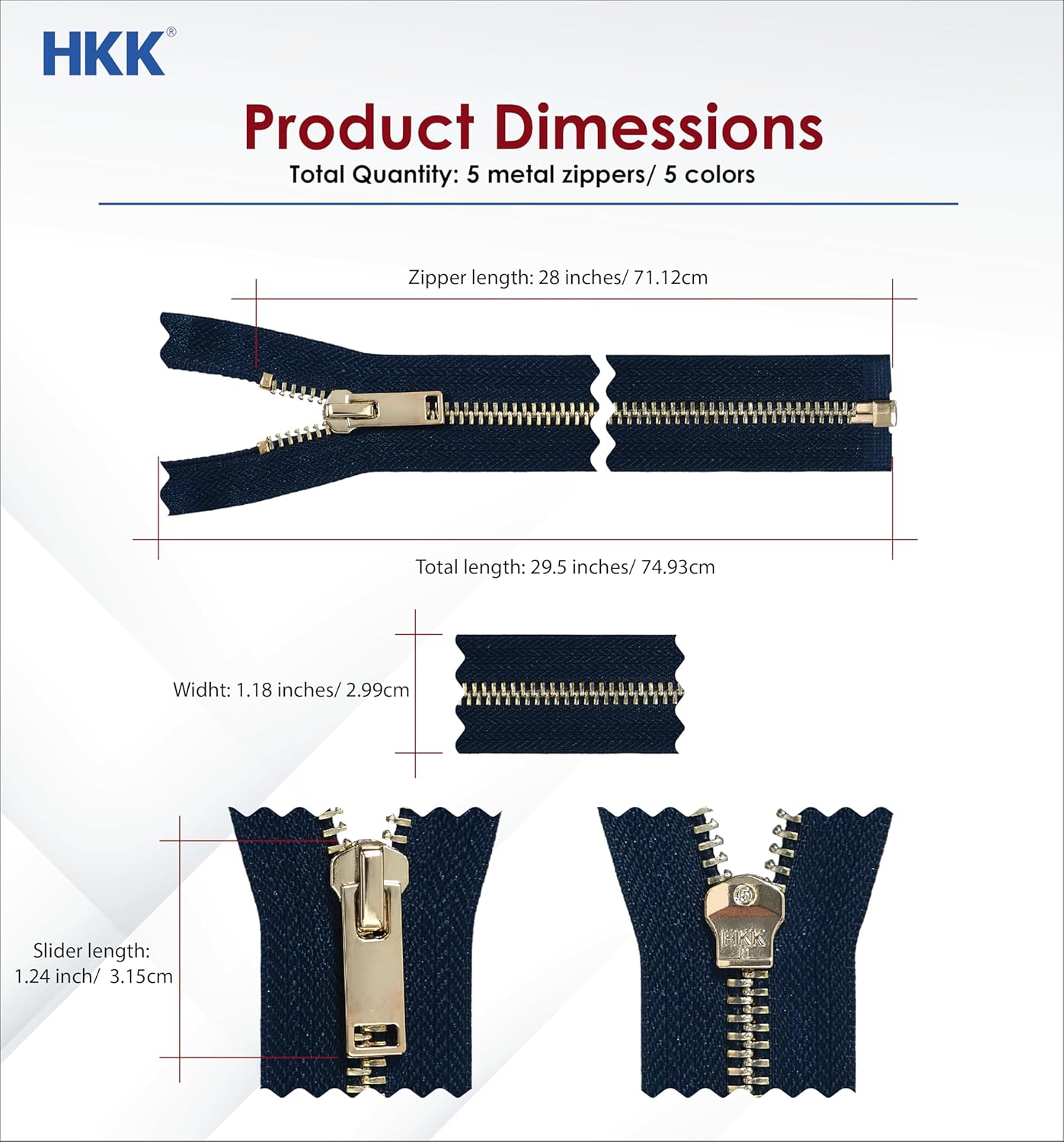 HKK Premium #5 Metal Separating Zippers - 28 Inch 5-Pack for Leather Jackets, Coats & Heavy Duty Sewing Projects (Copper Teeth, OEKO-TEX Certified)