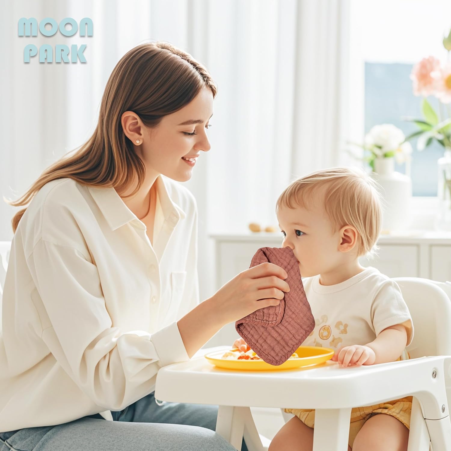 MOON PARK Premium Muslin Baby Washcloths - 12 Pack 12x12 Inch Cotton Burp Cloths Set for Newborns, Infants & Toddlers - Soft Multi-Use Washcloths (Brown/Honey/Bean Paste)