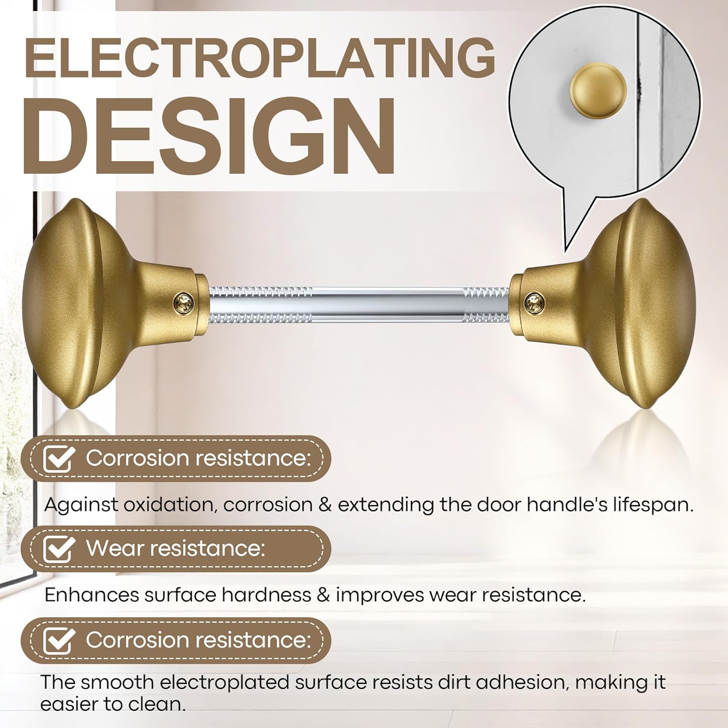 Saillong 6-Pack Vintage Gold Door Knob Set - Classic Electroplated Interior Door Handles with Spindle & Keys (2.2" Diameter)