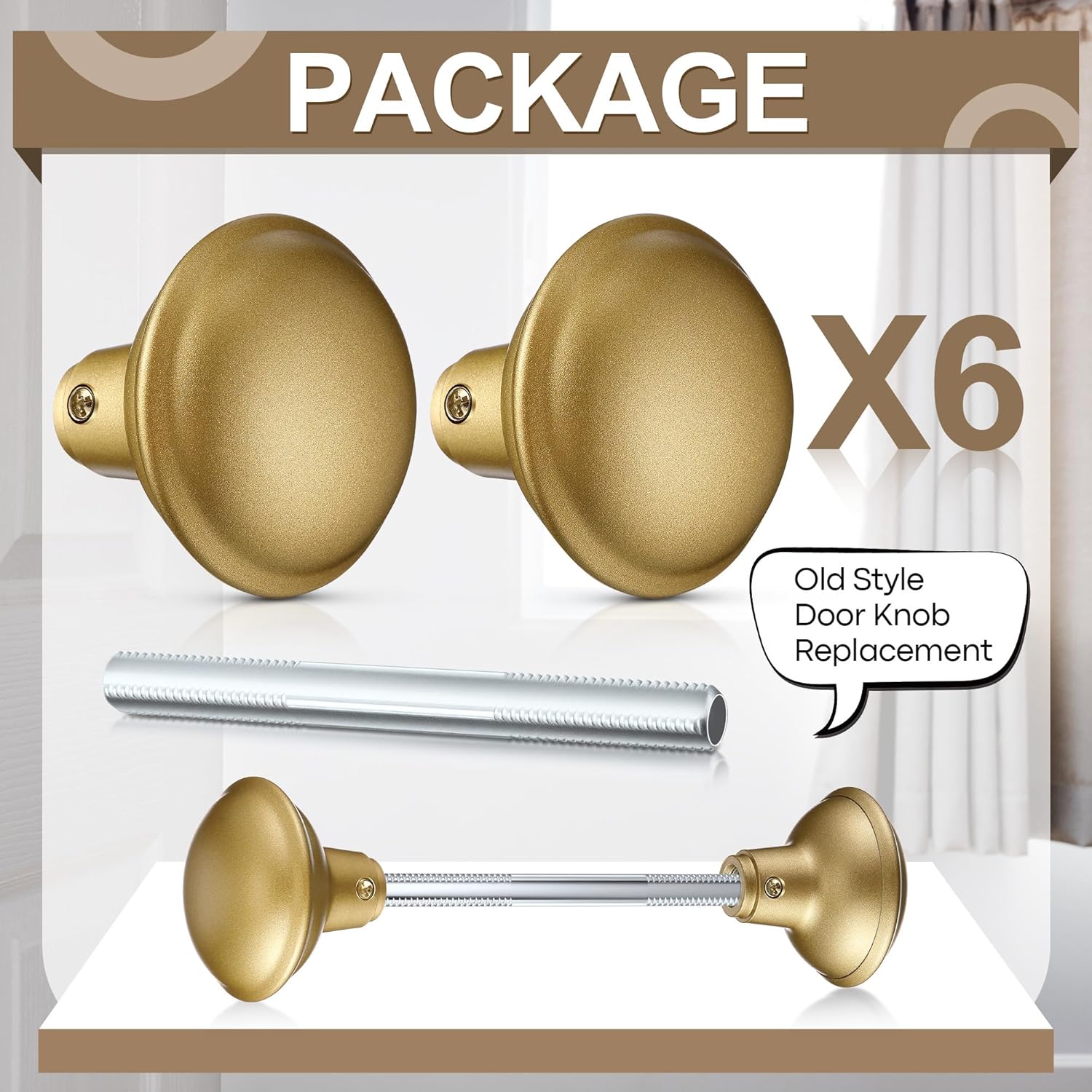 Saillong 6-Pack Vintage Gold Door Knob Set - Classic Electroplated Interior Door Handles with Spindle & Keys (2.2" Diameter)