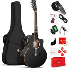 Premium 36-Inch Junior Acoustic Electric Guitar Starter Kit - Complete Bundle with Gig Bag, Tuner & Accessories for Beginners & Travelers - Black Matte