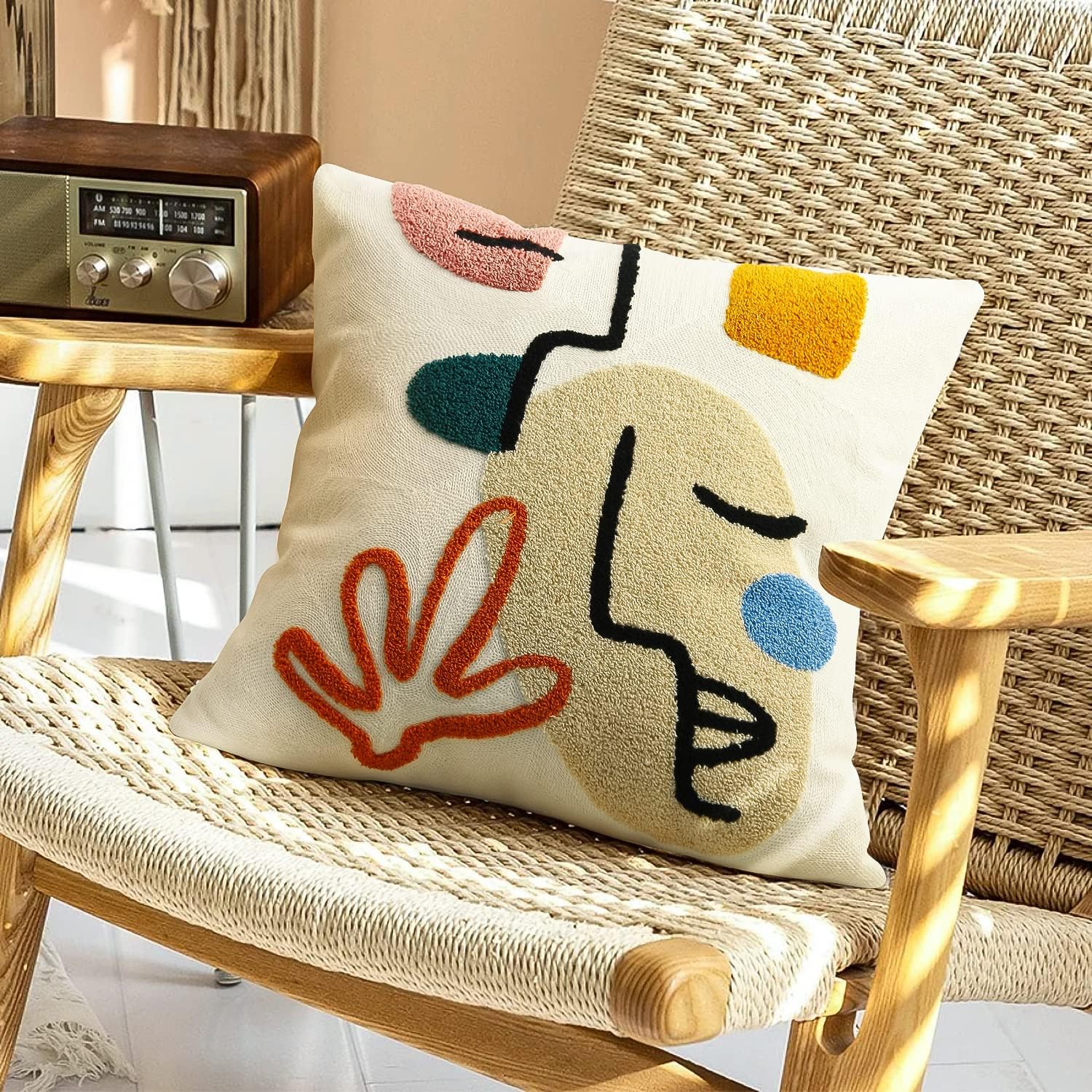 Merrycolor Boho Abstract Pillow Cover - Colorful Woman Face Line Art Decorative Throw Pillow Case, 18x18 Inch Mid Century Modern Bohemian Style for Couch Bed Living Room