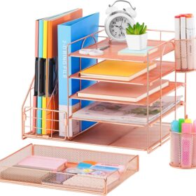 Marbrasse Rose Gold Mesh Desk Organizer - 5-Tier File Tray with Drawer, Vertical Magazine Holder & Pencil Cup for Office Supplies