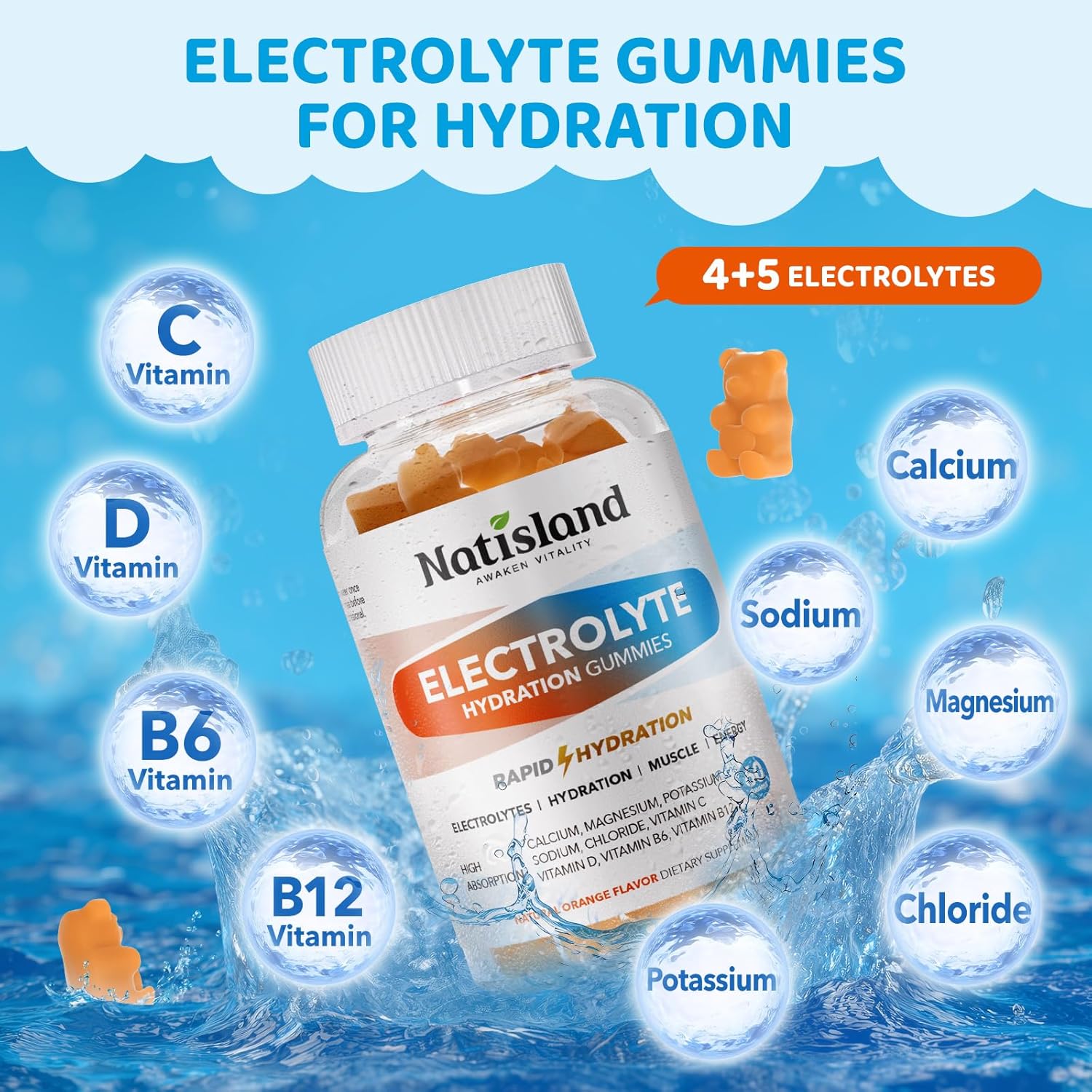 NATISLAND Electrolyte Gummies - 60 Chews | Potassium, Magnesium, Calcium, Sodium | Orange Flavor for Runners, Athletes, Kids & Adults - Vegan & Gluten-Free Hydration Supplement