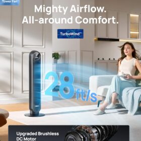 Dreo Tower Fan with Upgraded DC Motor - 28ft/s High Velocity, 20dB Ultra Quiet, 8 Speeds & 4 Modes, 90° Oscillation, Remote Control, Black