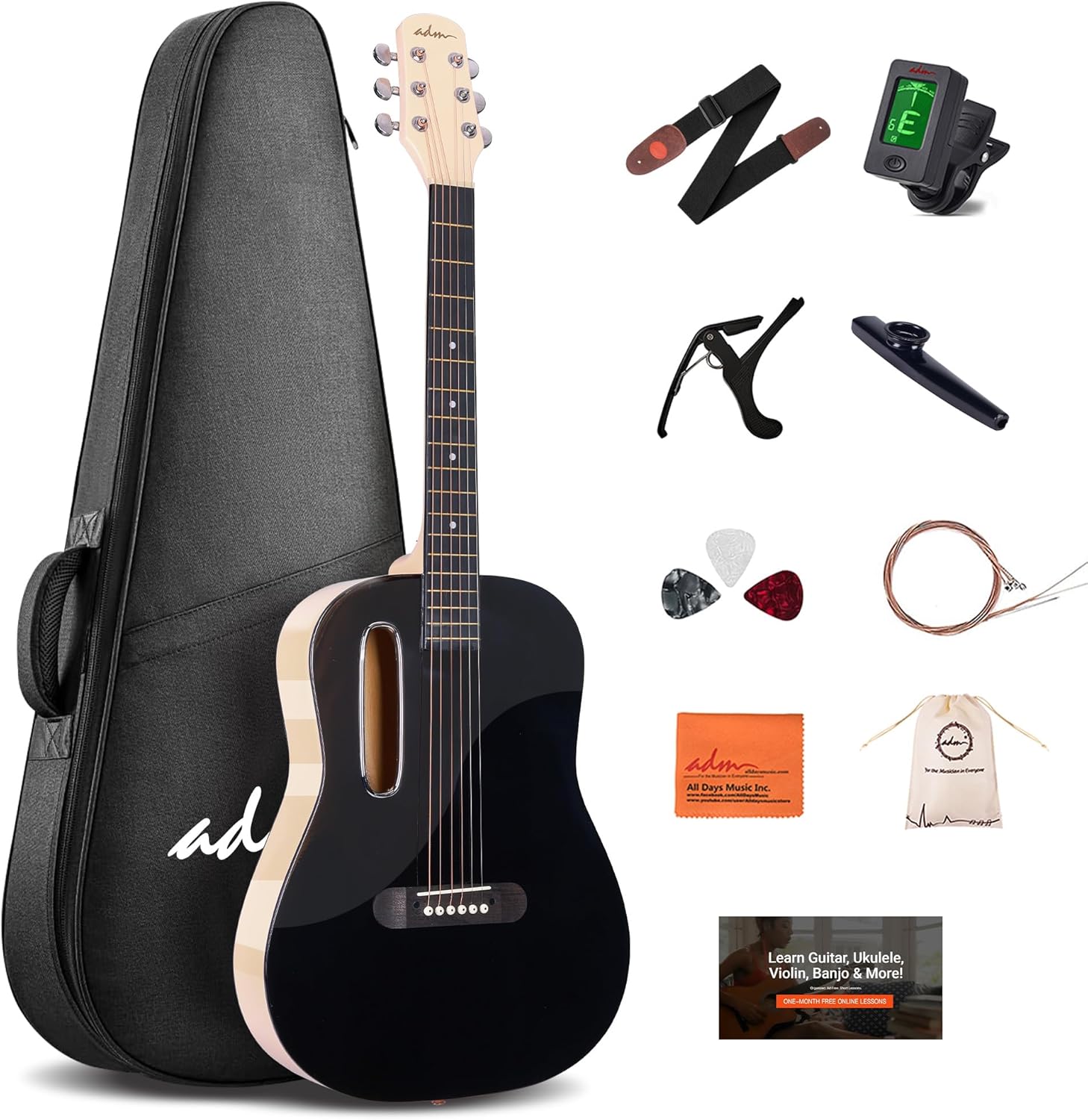 ADM 38-Inch Acoustic Guitar Starter Kit for Beginners - Complete Bundle with Gig Bag, Tuner, Picks, Strap, Capo, Extra Strings & Online Lessons