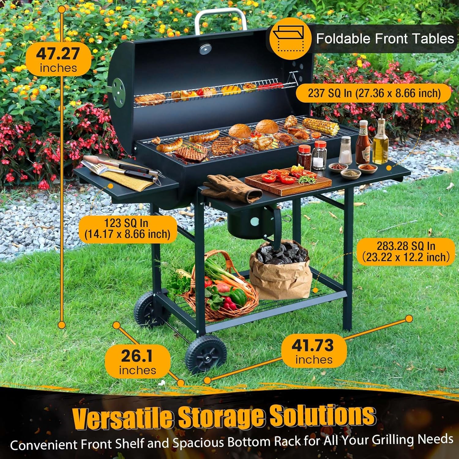 Premium 36-Inch Barrel Charcoal Grill & Smoker Combo with Side Table - 589 sq in Cooking Space, Temperature Control, Easy Mobility for Backyard, Patio, Camping