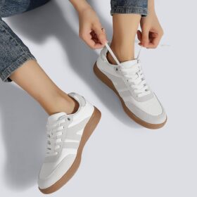 LUCKY STEP Women's Retro Classic Leather Sneakers - Gum Sole Casual Walking Shoes Anti-Slip Fashion Trainers