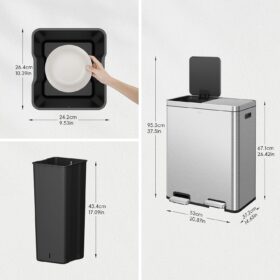 EKO Edison Dual Compartment Kitchen Trash Can - 16 Gallon Stainless Steel Recycling Bin with Dual Removable Liners, Independent Pedals & Soft-Close Lids, Fingerprint-Resistant