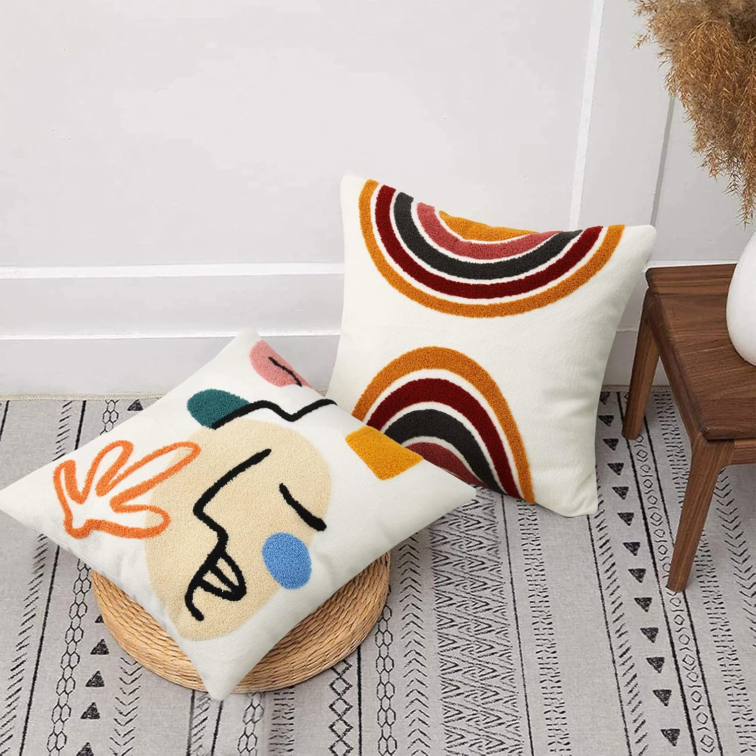 Merrycolor Boho Abstract Pillow Cover - Colorful Woman Face Line Art Decorative Throw Pillow Case, 18x18 Inch Mid Century Modern Bohemian Style for Couch Bed Living Room