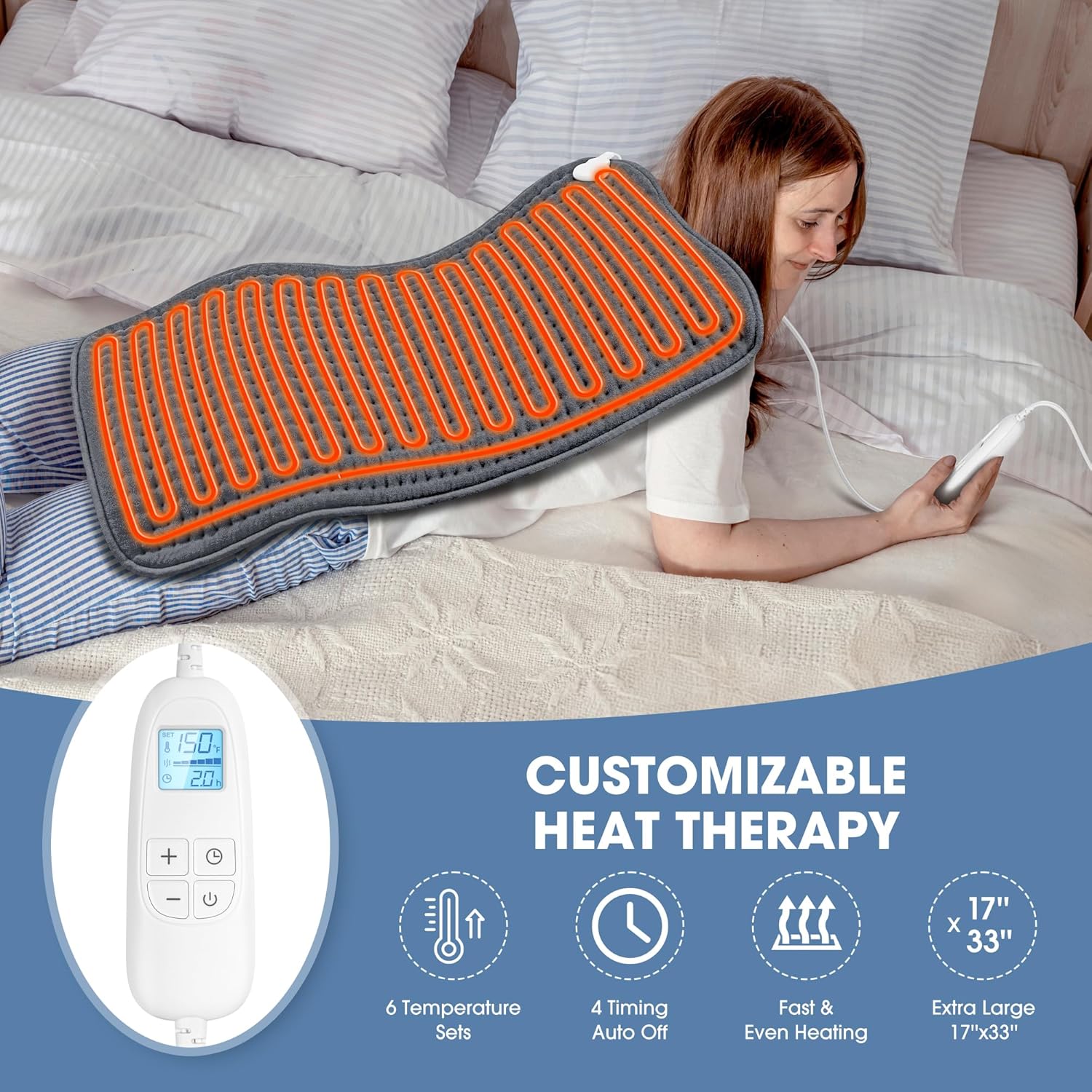 FluffyWarmth XXL Electric Heating Pad - 17"x33" Full Body Pain Relief for Back, Neck, Shoulder, Menstrual Cramps - 6 Heat Settings, 4 Timer Options, Ultra Soft Fleece