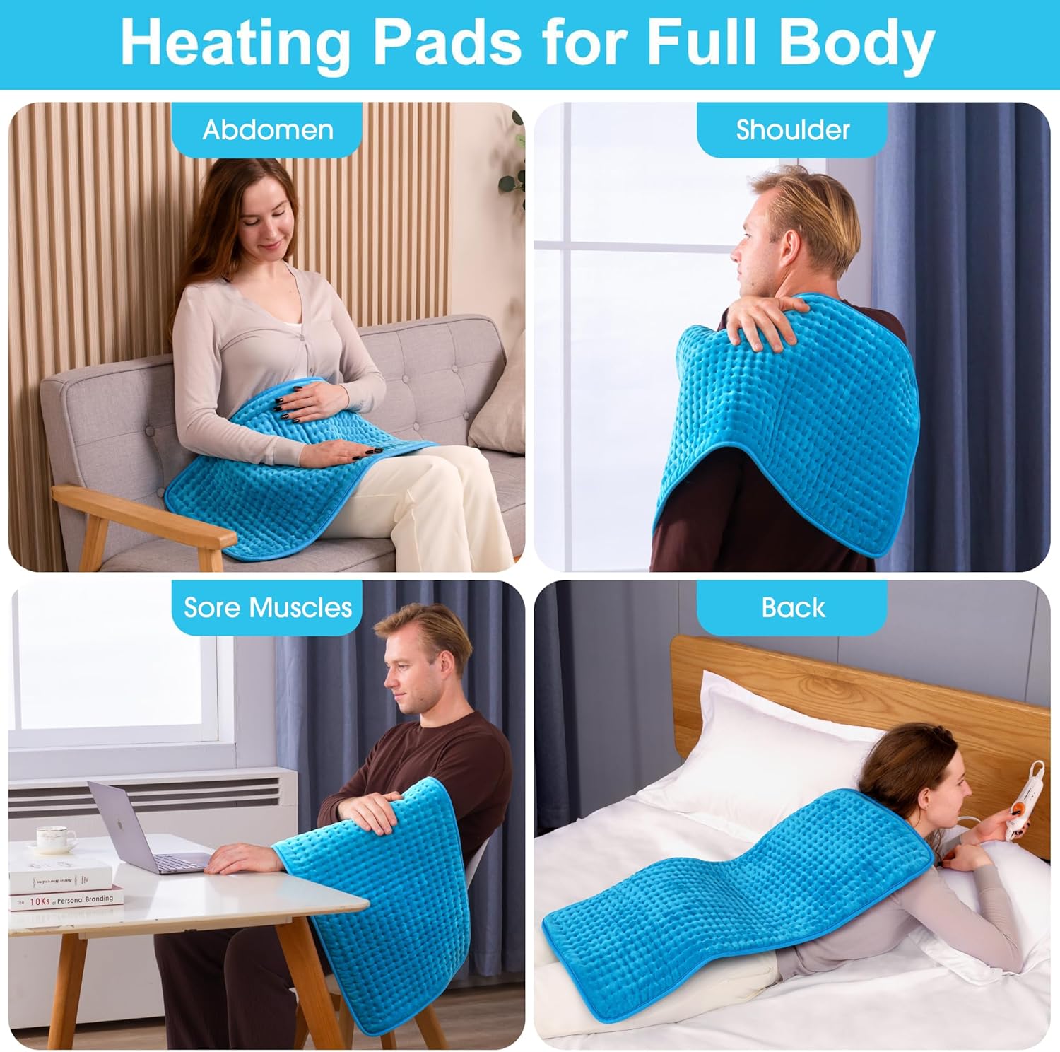 Boileau XL Electric Heating Pad - 17"x33" Extra Large Heat Pad for Back Pain, Period Cramps & Muscle Relief, 3 Temperature Settings, Auto Shut Off, Machine Washable Fleece, Perfect Gift for Women & Mom, Blue