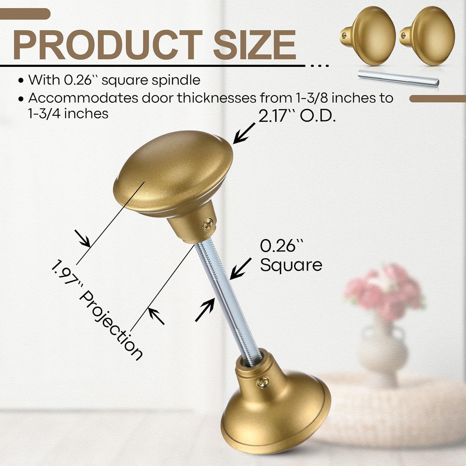 Saillong 6-Pack Vintage Gold Door Knob Set - Classic Electroplated Interior Door Handles with Spindle & Keys (2.2" Diameter)