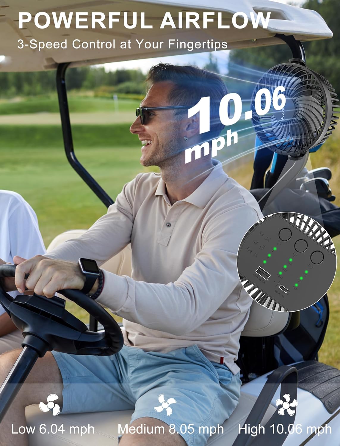 2-Pack Magnetic Golf Cart Fan - 12000mAh Rechargeable Portable Fan with Magnetic Base, 360° Rotation & LED Light for EZGO Club Car Yamaha, Cruise Ships - Includes Carrying Case