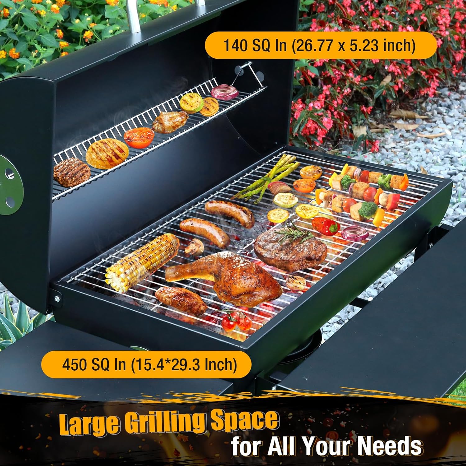 Premium 36-Inch Barrel Charcoal Grill & Smoker Combo with Side Table - 589 sq in Cooking Space, Temperature Control, Easy Mobility for Backyard, Patio, Camping
