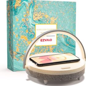 EZVALO 4-in-1 Multifunctional Bluetooth Speaker Bedside Lamp - Wireless Charger, Dimmable Night Light with Phone Holder, Perfect Birthday Gift for Women, Teens & Friends